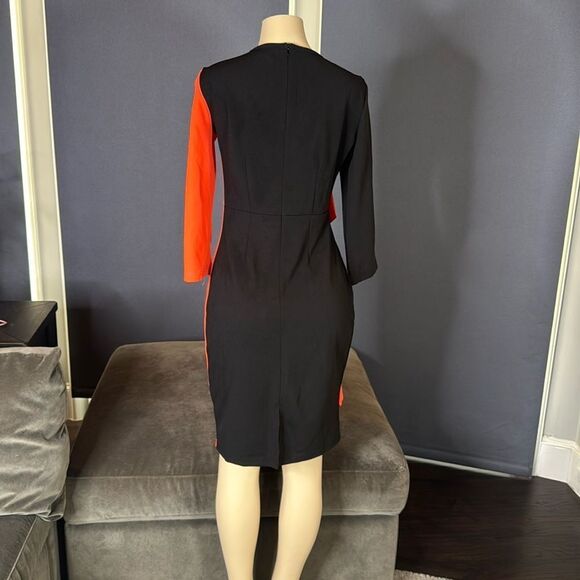 Women’s Black & Orange Asymmetrical Ruffle Midi Dress 3/4 Sleeve Zip Back Size M - Picture 4 of 14